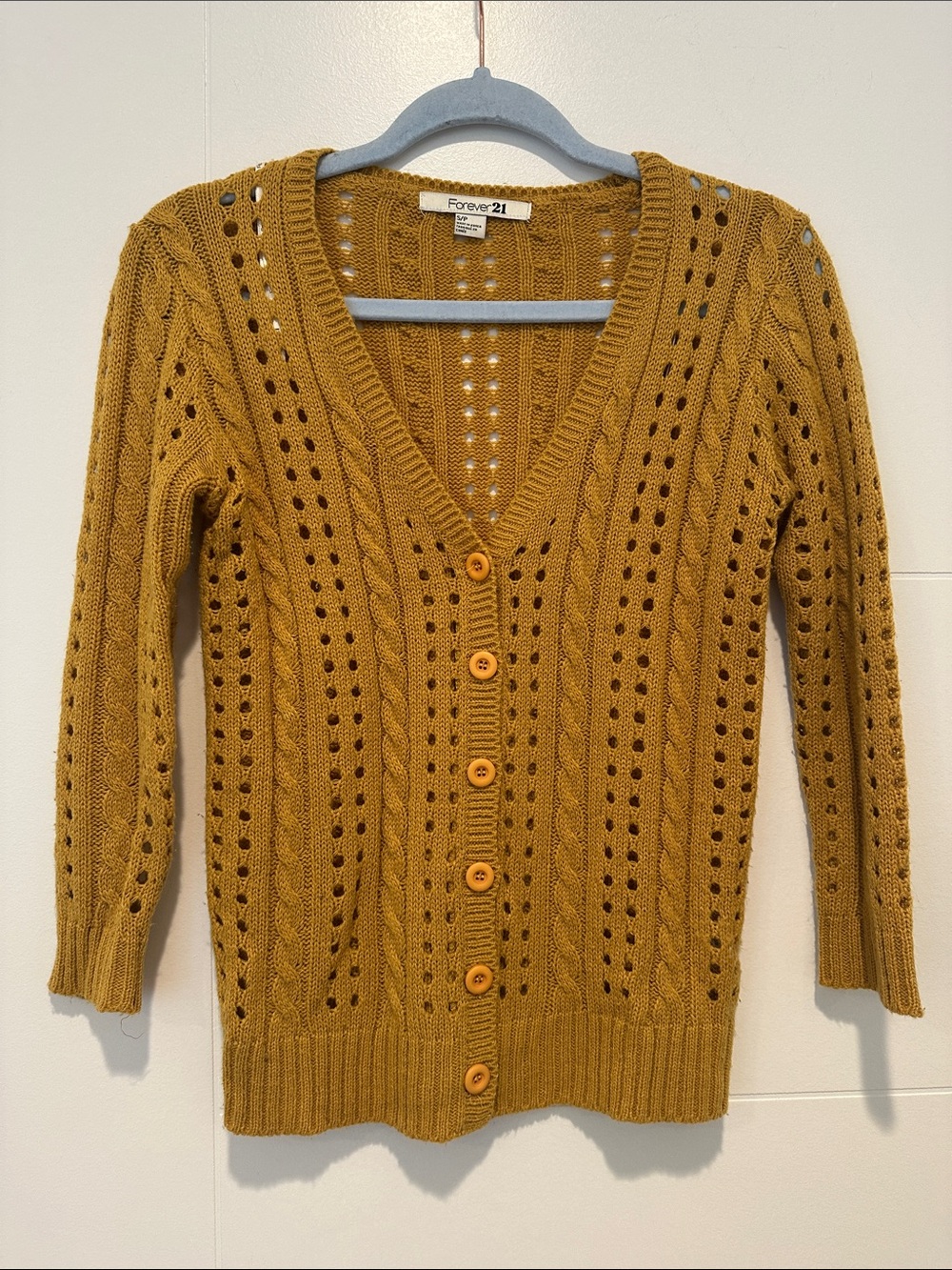 Forever 21 Mustard Open-Knit V-Neck Button Cardigan